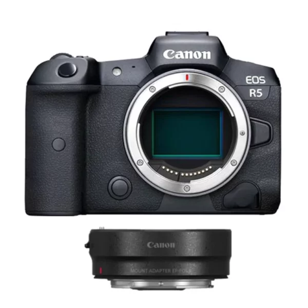 Le Canon EOS R5 avec la bague d'adaptation permet une capture vidéo 8K, un capteur CMOS de 45 mégapixels, une stabilisation d'image à 5 axes, et une performance autofocus avancée pour une polyvalence maximale.